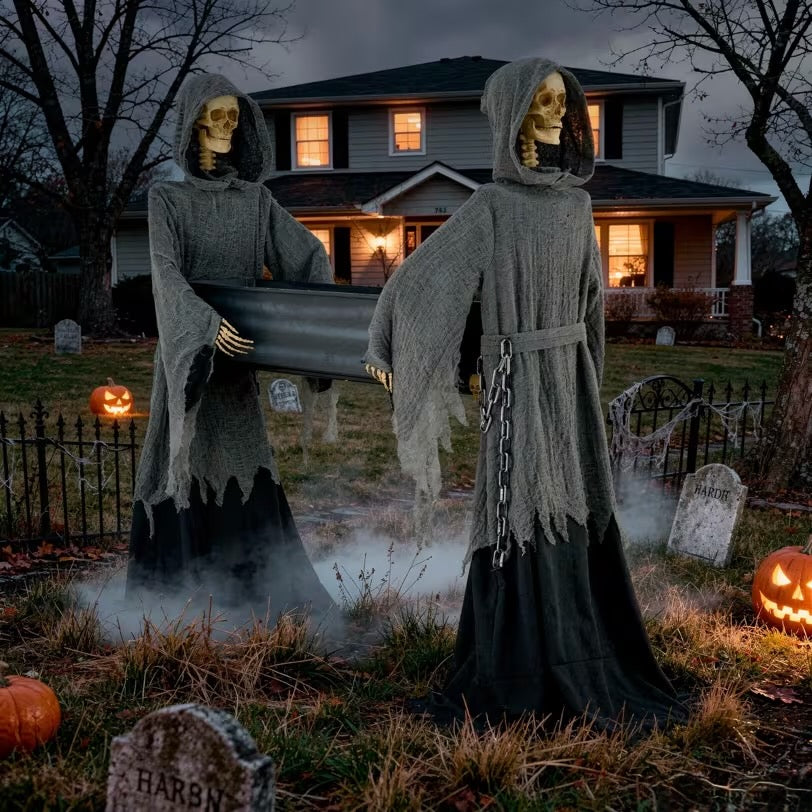 5 Ft. Two Skeleton Reapers Carrying a Coffin Decoration